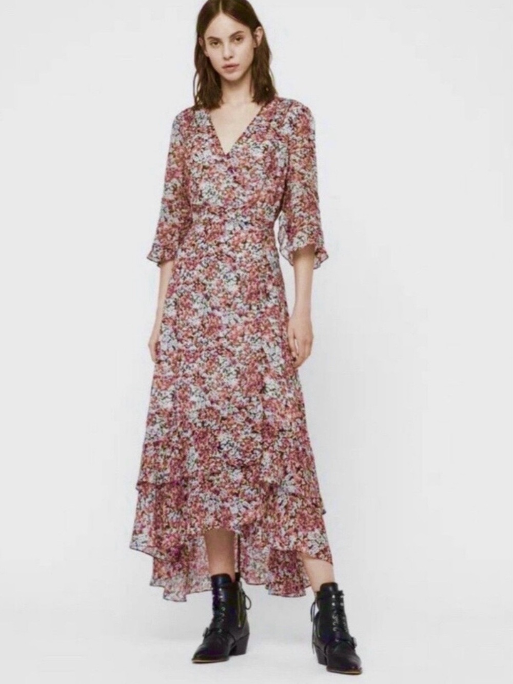 AllSaints Delana Wilde Floral Wrap Midi Dress Ruffle V-Neck Multi Coastal Size L